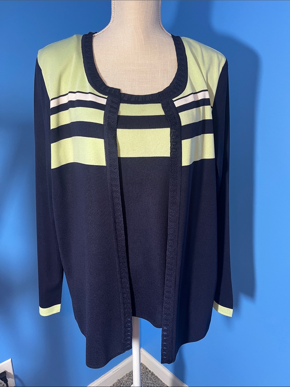 Navy, Lime Striped Open Cardigan with Matching Tee, Size XL